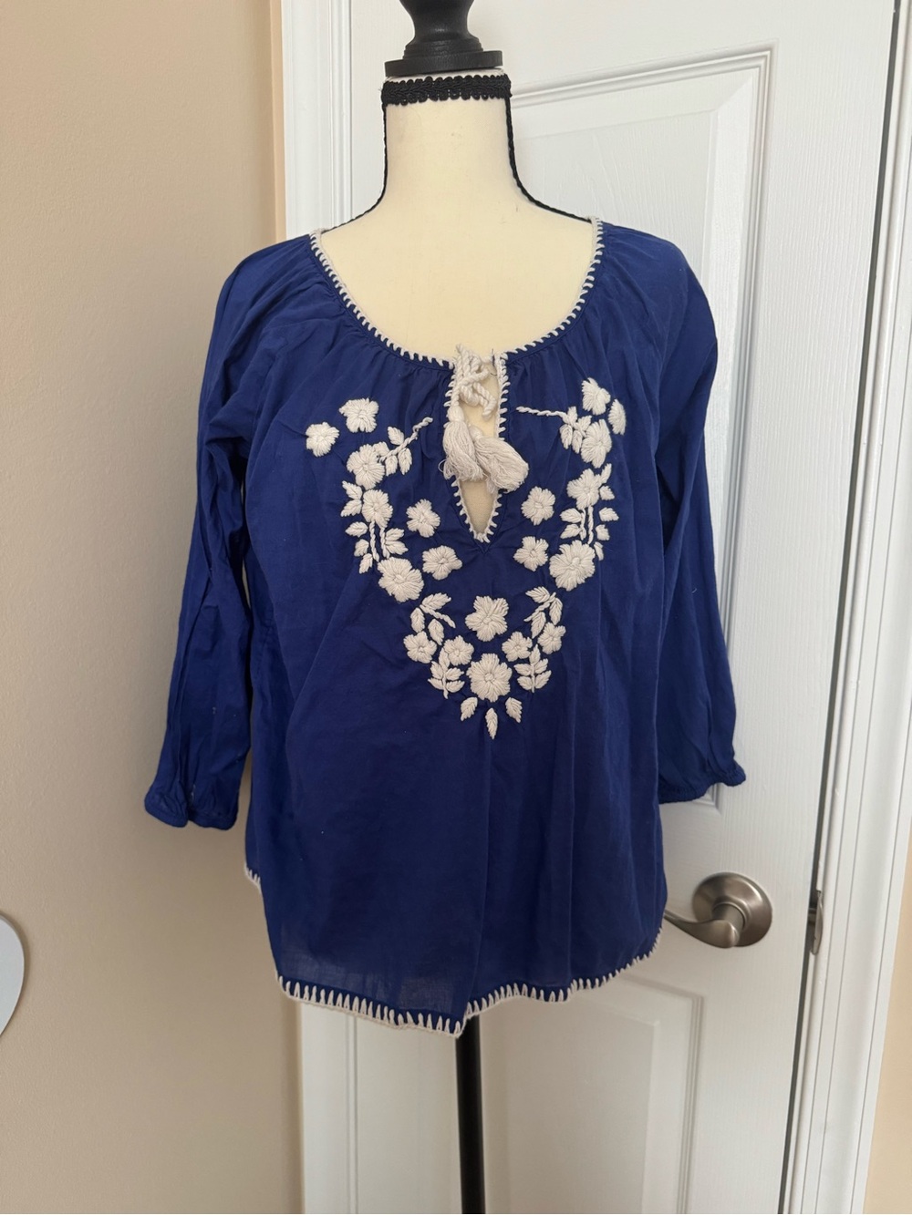 NATURAL LIFE Navy Tunic with Ivory Floral Embroidery